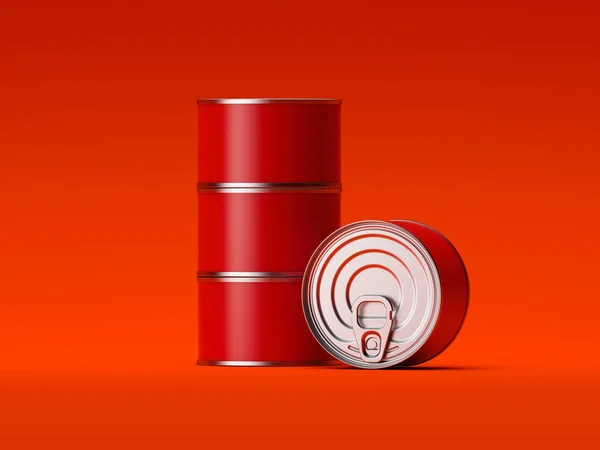 Cuatro latas rojas sobre fondo rojo, representación 3d . — Foto de Stock