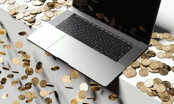 Cryptocurrency 붕괴입니다. 떨어지는 bitcoins 배경, 3d 렌더링에 노트북 — 스톡 사진