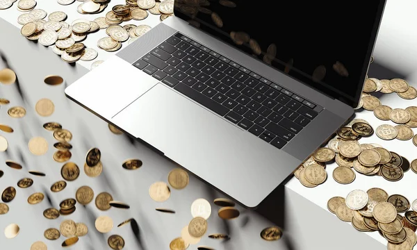 Cryptocurrency çöküşü. Düşen bitcoins arka plan, 3d render üstünde Laptop