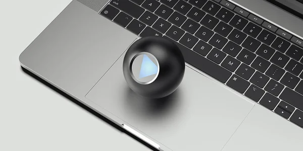 Close up of fortune teller magic ball on laptop, 3d rendering. — Stock Photo, Image