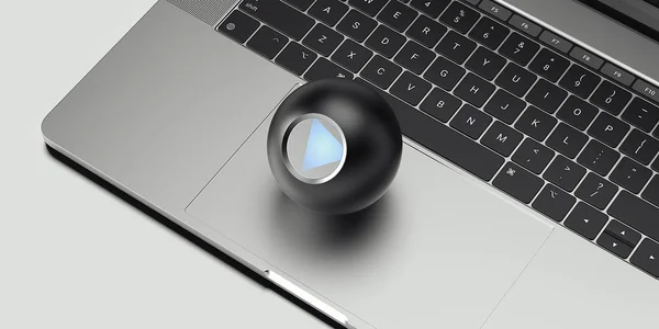 Närbild på fortune teller magiska boll på laptop, 3d-rendering. — Stockfoto