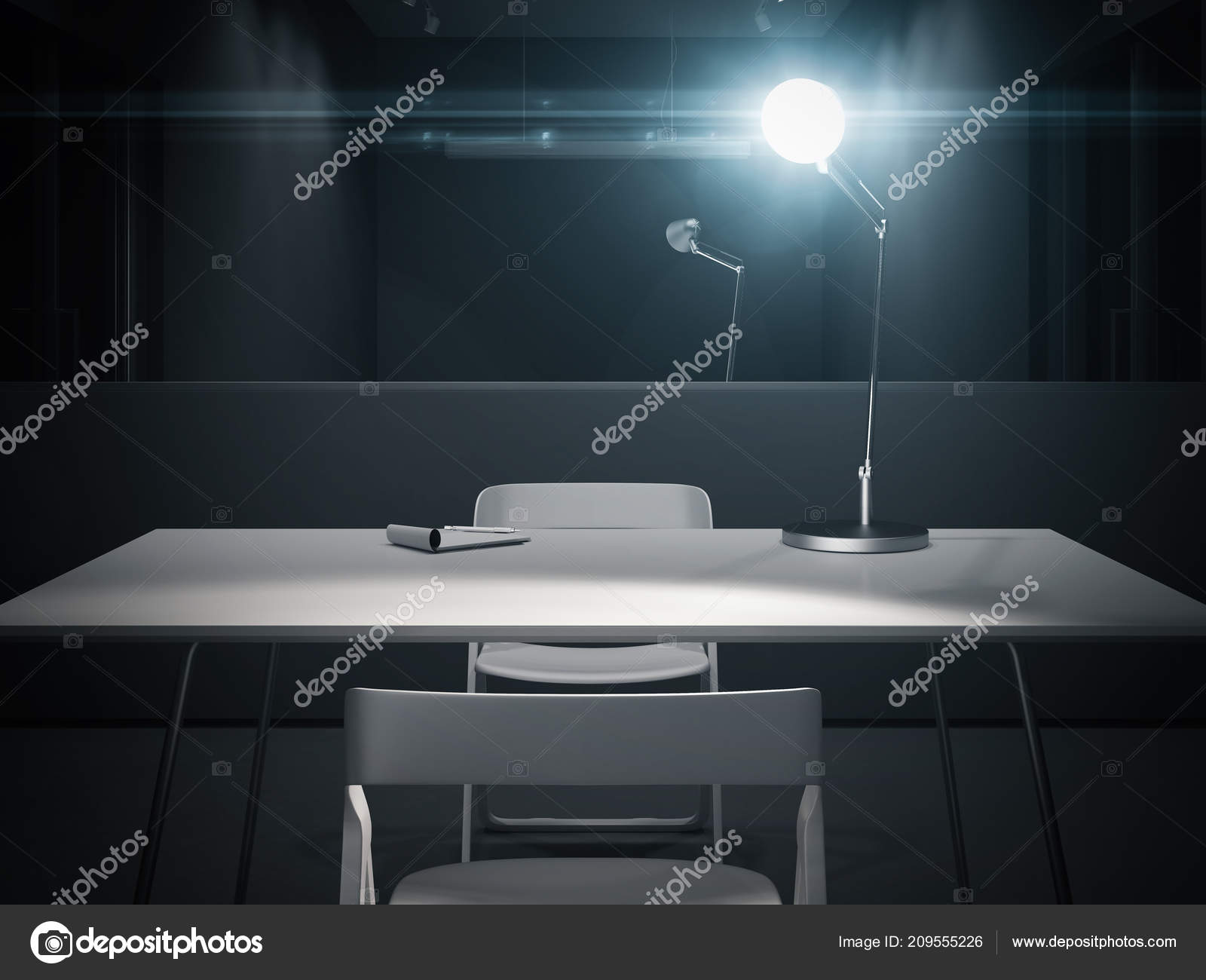 Dark Interrogation Room With Switched On Lamp 3d Rendering