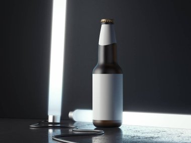 Işıklı lambaları, 3d render yanındaki boş etiket koyu bira cam şişe.