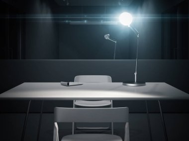 Switched-on lamba, 3d render ile karanlık sorgu odası.