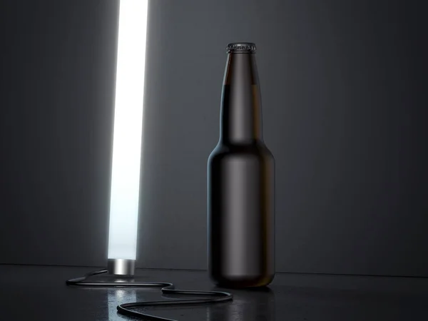 Bouteille en verre de bière sur fond noir, rendu 3d . — Photo