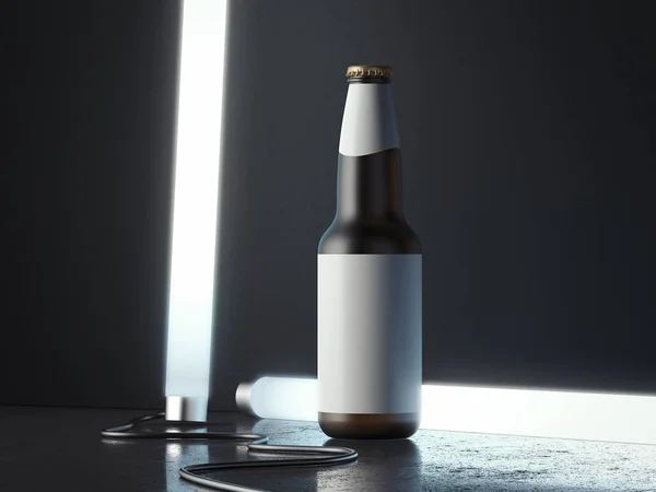 Botella de vidrio de cerveza oscura con etiqueta en blanco junto a lámparas iluminadas, representación 3d . —  Fotos de Stock