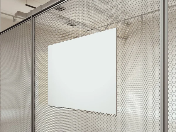 Afisz puste płótno na siatka druciana ściany w salonie, renderowania 3d. — Zdjęcie stockowe