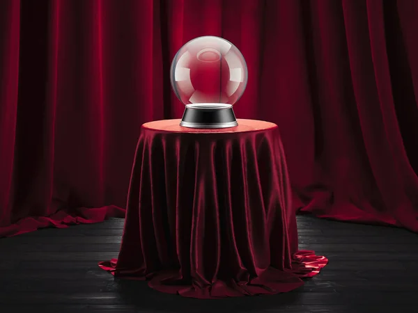 Magia bola cartomante sobre a mesa coberto pano vermelho, 3d renderização . — Fotografia de Stock