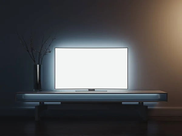 Close up of TV set standing on TV stand, 3d rendering. — Stock Photo, Image