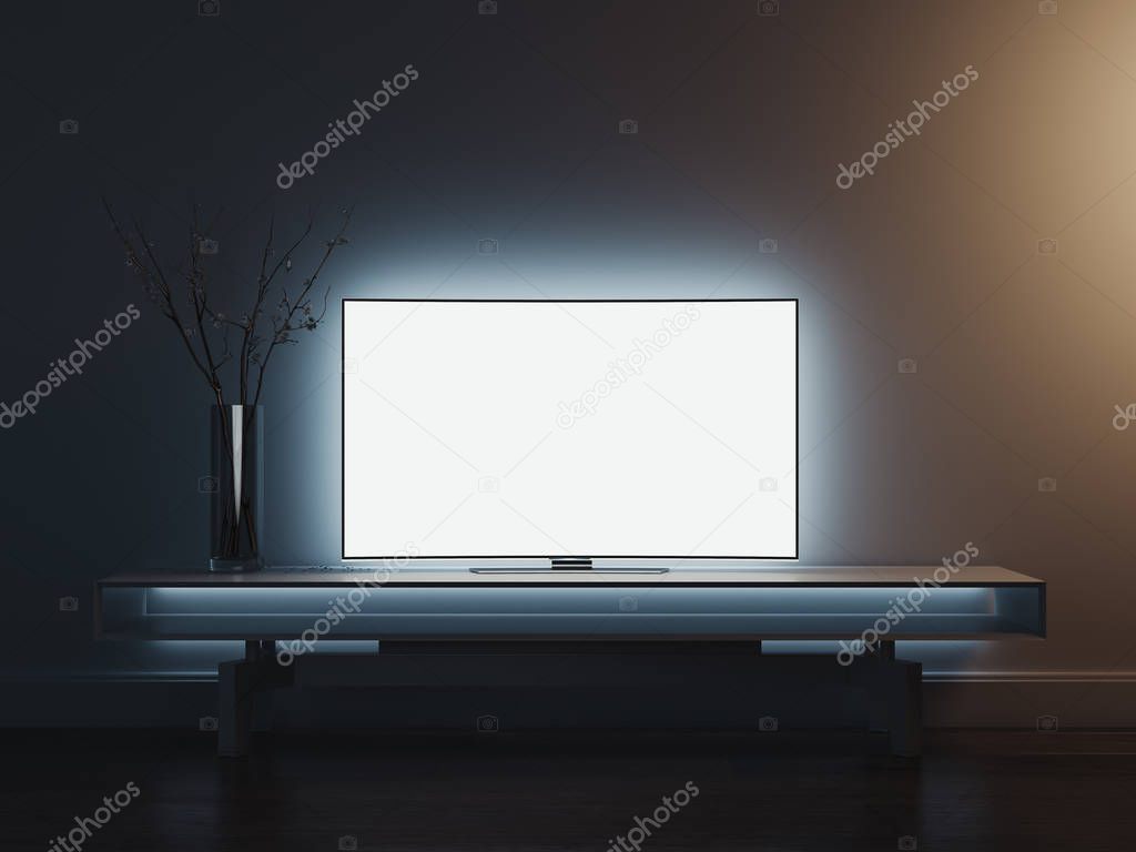 Close up of TV set standing on TV stand, 3d rendering.