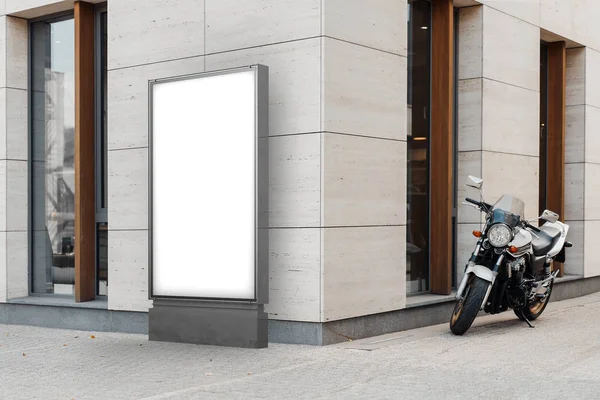 Blank white outdoor banner stand next to bright modern building, 3d rendering.
