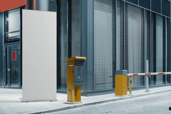 Rollo en blanco para arriba en la calle al lado del edificio moderno por la noche, representación 3d . — Foto de Stock