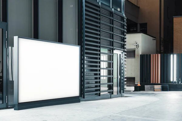 Blank banner stand next to glass facade of modern building, 3d rendering. — Stock Photo, Image