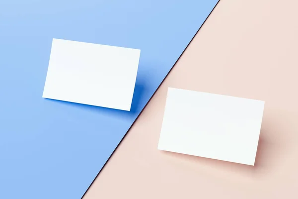Närbild av vita visitkort på flerfärgad bakgrund, 3d-rendering. — Stockfoto