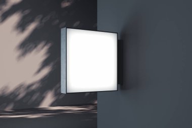 Boş kare mağaza tabela. Boş shop tekin lightbox duvarda. 3D render.