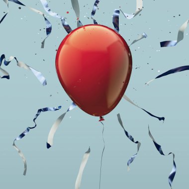Açık mavi renkli üzerinde kırmızı gerçekçi balon Serpantinli ile. 3D render.