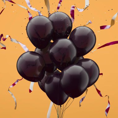 Sarı arka plan üzerinde gerçekçi balonlar Serpantinli ile. 3D render.