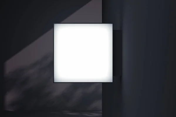 Blanco vierkante winkel uithangbord. Lege winkel lightbox op de muur. 3D-rendering. — Stockfoto