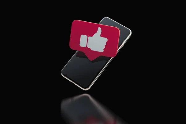 Duim omhoog zoals rood symbool op het scherm van de mobiele telefoon. 3D-rendering. — Stockfoto