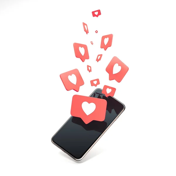 Red heart Like symbols on phone screen. Social media concept. 3d rendering. — Stock Photo, Image