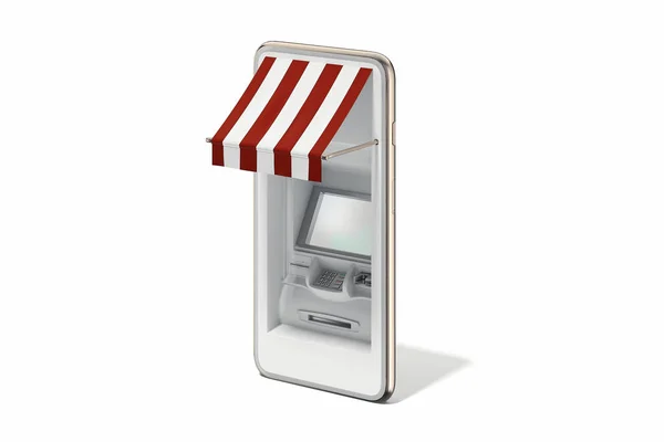 Realistischer Geldautomat in Mobiltelefon auf weißem Hintergrund. 3D-Darstellung. — Stockfoto