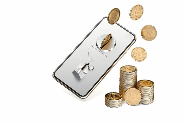 Bitcoins sur l'écran du téléphone mobile. Crypto-monnaie. Rendu 3d . — Photo