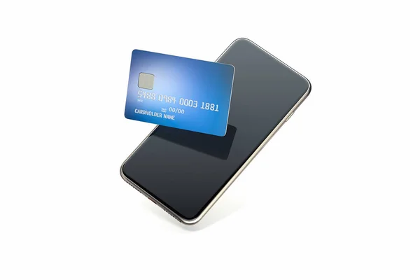 흰색 바탕에 휴대 전화 화면에 은행 신용 카드. 3 차원 렌더링. — 스톡 사진