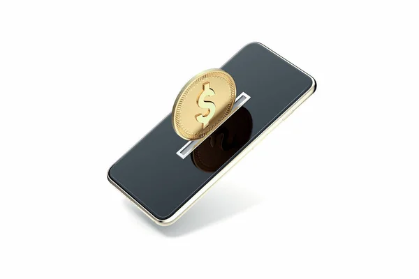 Mobiele telefoon als spaarvarken met gouden munt op zijn scherm, 3D-rendering. — Stockfoto