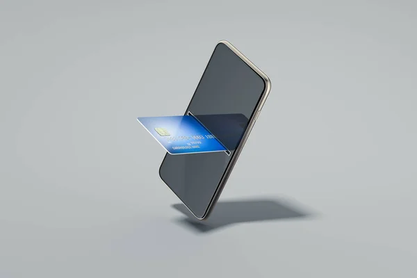 Банківська кредитна картка на екрані мобільного телефону на сірому фоні. 3D візуалізація . — стокове фото