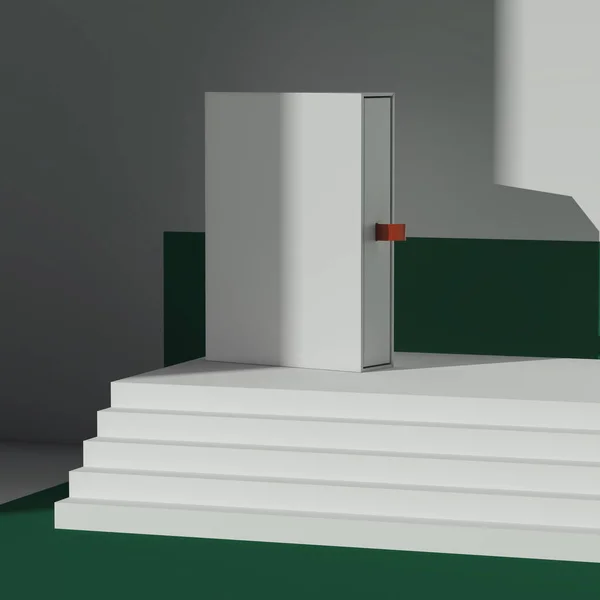 Isolated white realistic cardboard box on white steps. 3d rendering. — Stock Photo, Image