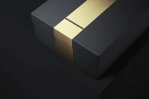 Black cardboard box with golden ribbon on black background. 3d rendering. — Stock Photo, Image