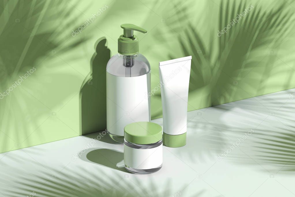 Cosmetic Bottle Set for cream, lotion. Blank plastic containers. 3d rendering.