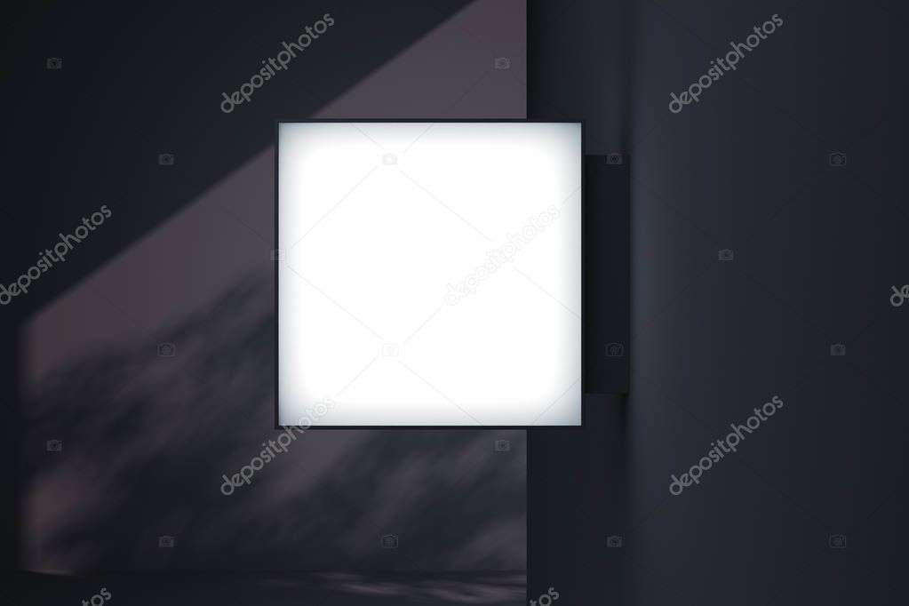 Blank square store signboard Mockup. Empty illuminated shop lightbox template mounted on the wall with trees shadows on background. Street sign, signage, 3d rendering.