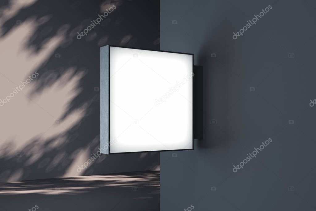 Blank square store signboard Mockup. Empty illuminated shop lightbox template mounted on the wall with trees shadows on background. Street sign, signage, 3d rendering.