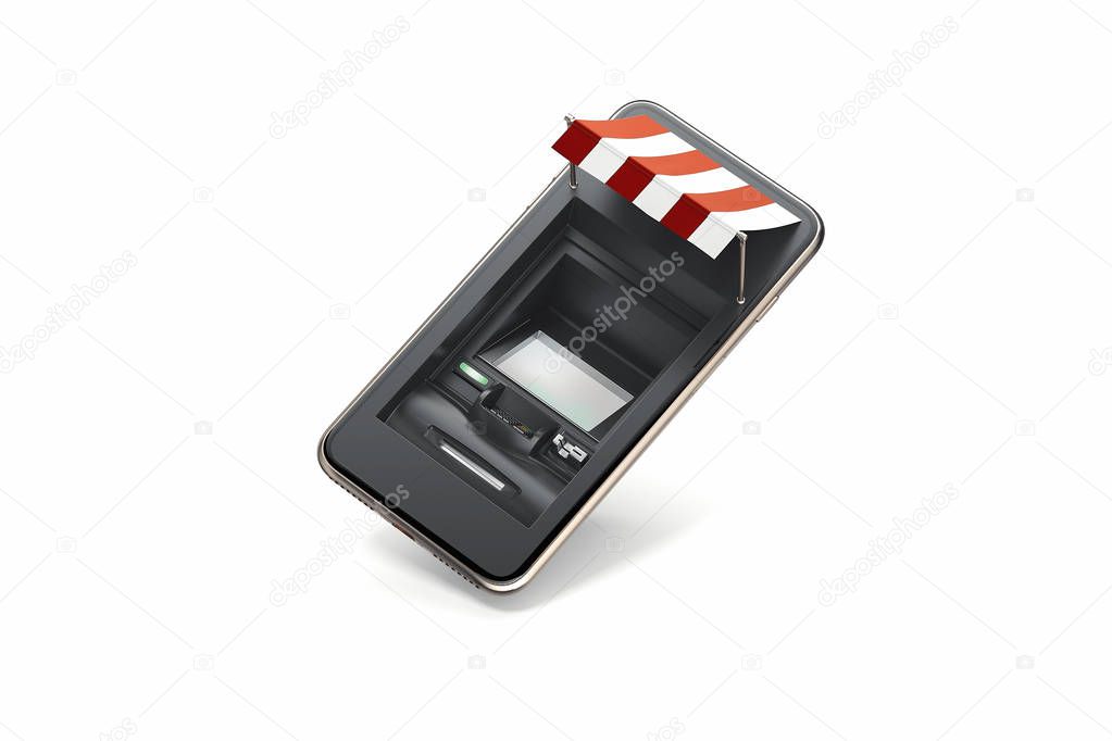 Realistic ATM machine in mobile phone on white background. 3d rendering.