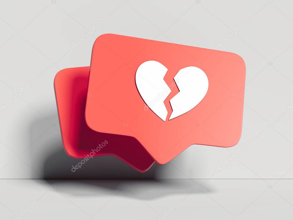 Red broken heart Like symbol on white background, 3d rendering. Social media concept.