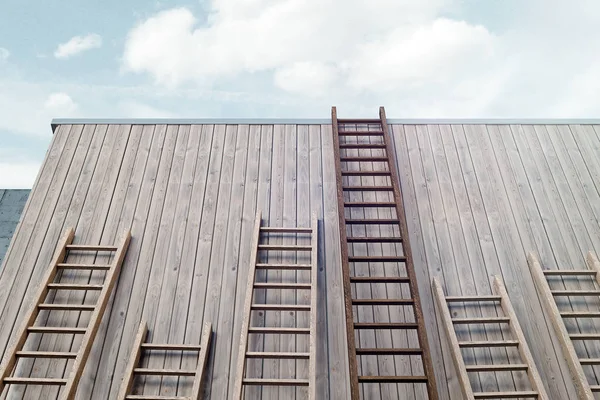 Différentes échelles à côté du mur de bâtiment lumineux en bois, rendu 3d . — Photo