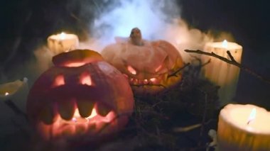 Mumlar ile karanlık ormanda korkunç halloween kabaklar.