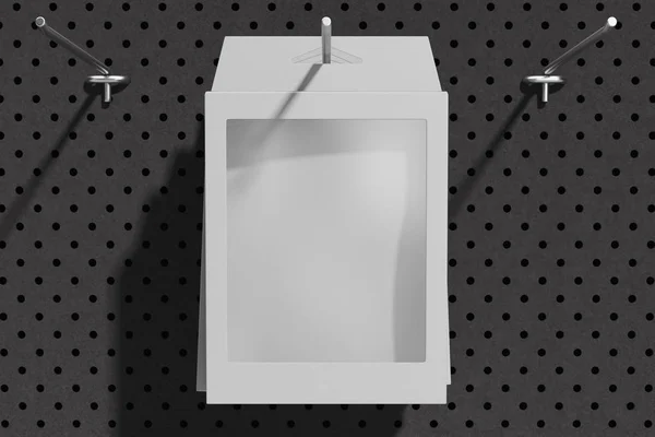 Isolierte schwarze Pappschachtel am Haken im Geschäft. 3D-Darstellung. — Stockfoto