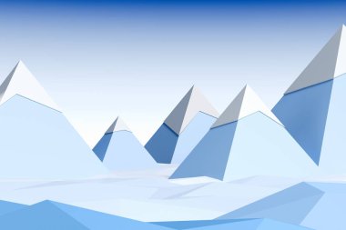 Kar mavi dağlar ve mavi gökyüzü kaplı. 3D render.