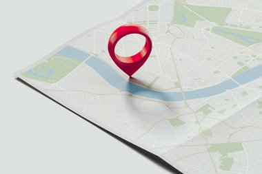 Kırmızı coğrafi etiket veya harita PIN gerçekçi harita üzerinde. 3D render.