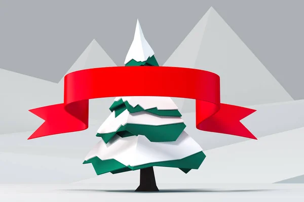 Groene kerstboom op de achtergrond van de berg. 3D-rendering. — Stockfoto
