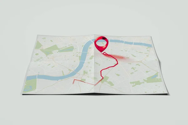 在逼真的地图上使用红色地理标记或地图引脚。3d 渲染. — 图库照片