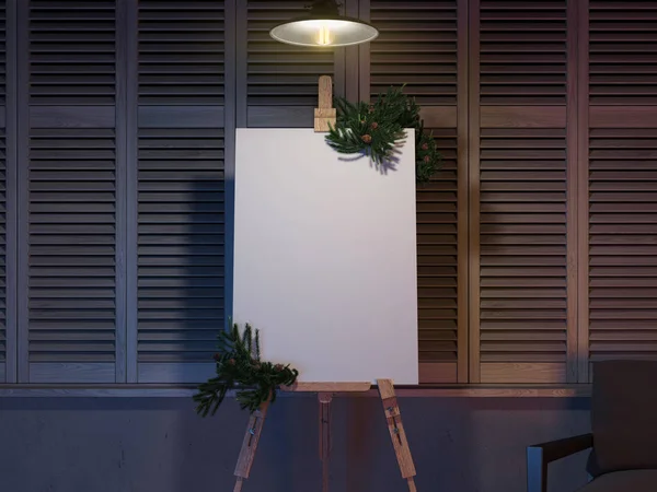 Easel e tela branca em branco com decoração de Natal. Renderização 3d . — Fotografia de Stock