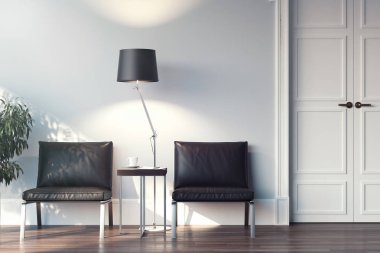 Sandalyeler, lamba ve tablo ile salonu iç bekliyor. 3D render.