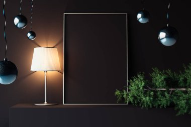 Çelik çerçeveli siyah poster. Noel dekorasyonu. 3D render.