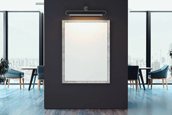 Cartaz de lona em branco branco na parede escura no escritório brilhante moderno, renderização 3d . — Fotografia de Stock