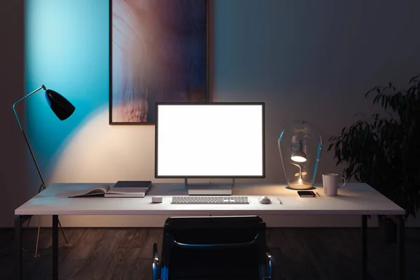 Moniteur blanc vierge, clavier et souris d'ordinateur au bureau. Rendu 3d . — Photo