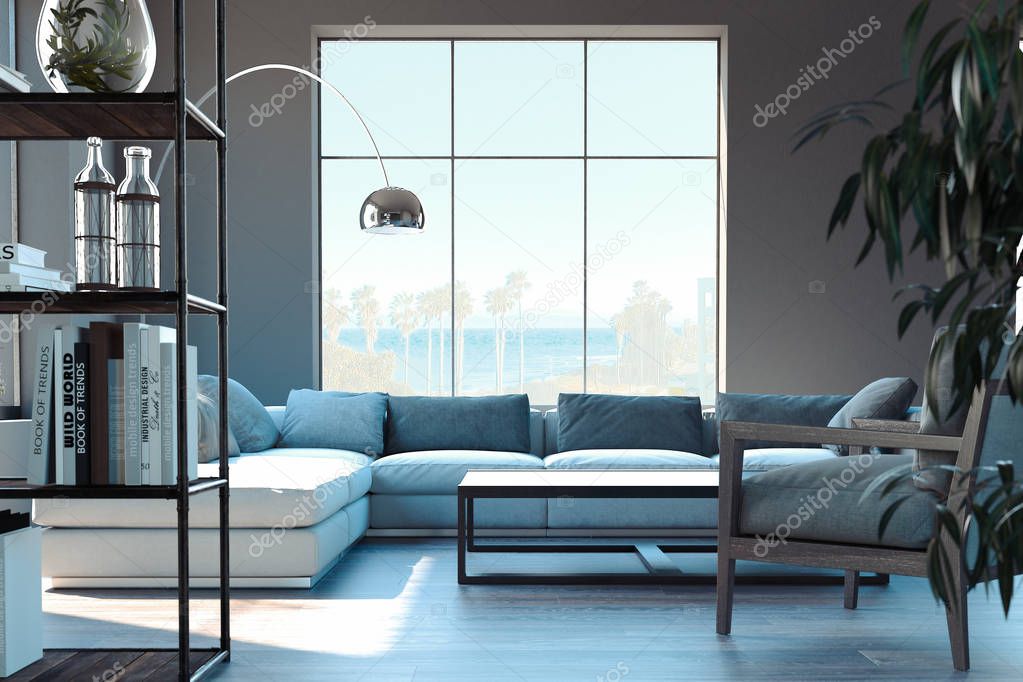 Bright modern living room interior. 3d rendering.