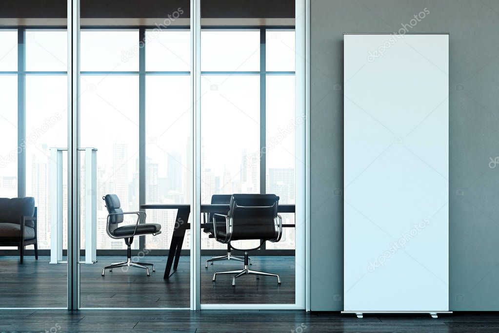 Blank vertical roll up at bright modern office. business center. Open workspace. 3d rendering.